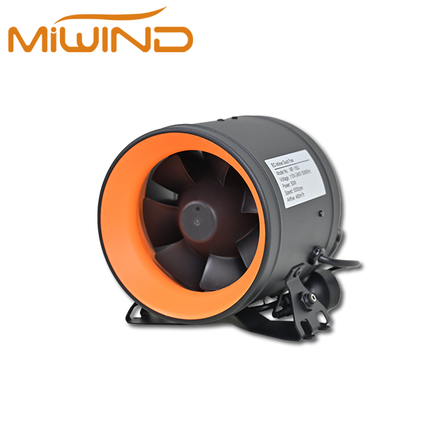 MIWIND booster mixed-flow inline fan with orange inlet for long duct ventilation