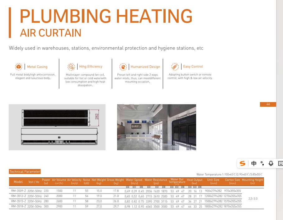 Plumbing Heating Air Curtain dimensions